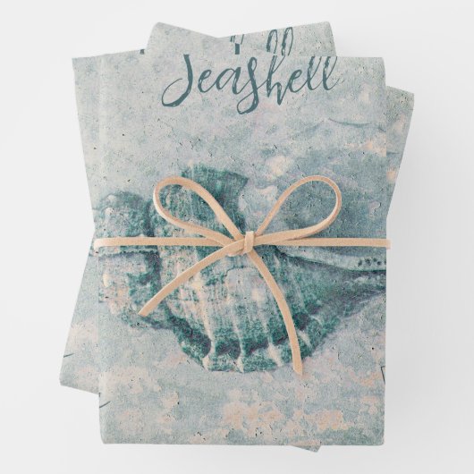 Zee Shell Blauwgroen Beige Ocean Beach Script Inpakpapier Vel (In situ)