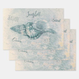 Zee Shell Blauwgroen Beige  Ocean Beach Script Inpakpapier Vel