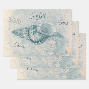 Zee Shell Blauwgroen Beige  Ocean Beach Script Inpakpapier Vel