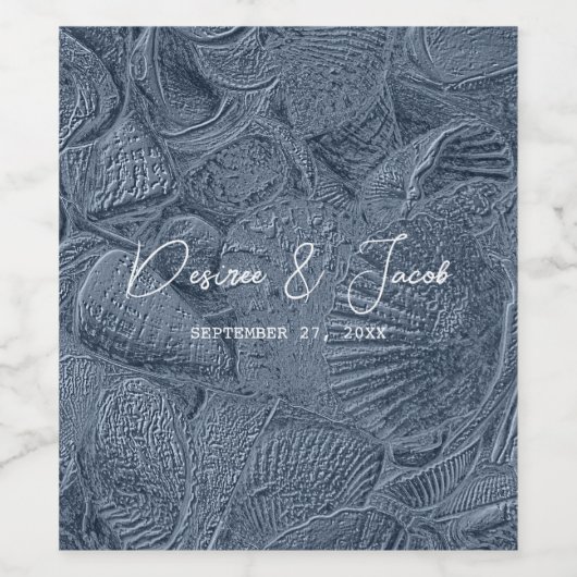 Zee Shell Donker Stoffig Blauw Modern Coastal Beac Wijn Etiket (Enkel label)