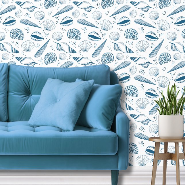 Zee Shell oceaan strand blauw wit Behang (Blue and white coastal beach vibe, seashell wallpaper.)
