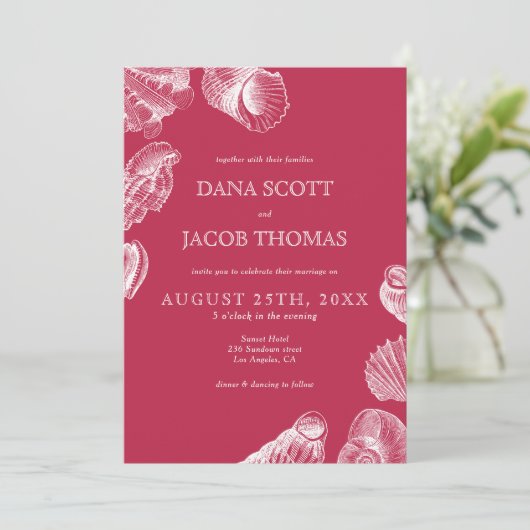 Zee Shell Viva Magenta Summer Weddenschap Kaart (Staand voorkant)