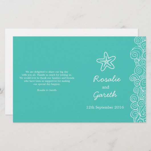 Zee star & swirls blauwgroen groen trouwprogramma (Voorkant / Achterkant)