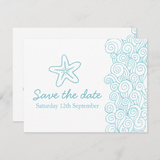 Zee Star & Swirls Blue & White Bewaar de datumkaar Aankondigingskaart (Voorkant / Achterkant)