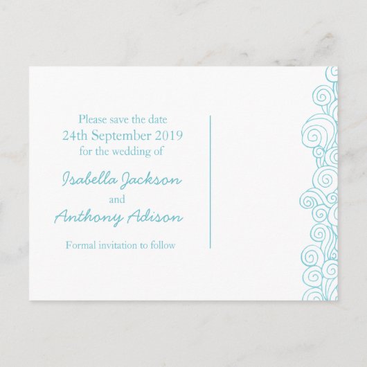 Zee Star & Swirls Blue & White Bewaar de datumkaar Aankondigingskaart (Achterkant)