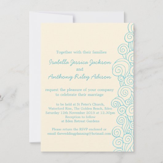 Zee ster & zwrils blue & crème bruiloft kaart (Achterkant)