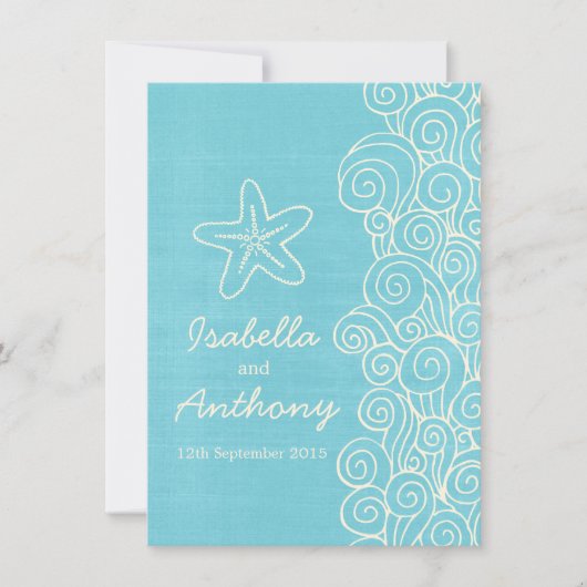 Zee ster & zwrils blue & crème bruiloft kaart (Voorkant)