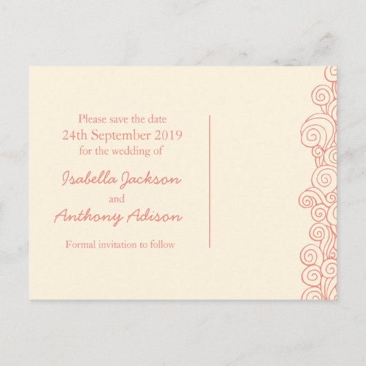 Zee sterren en zwenken koraal & crème op de datumk aankondigingskaart (Achterkant)