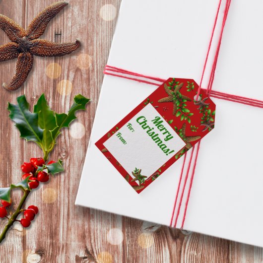 Zee sterren Holly Red Beach Kerstmis Cadeaulabel