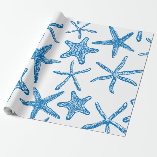 Zee sterren in blauw cadeaupapier (Uitgerold)