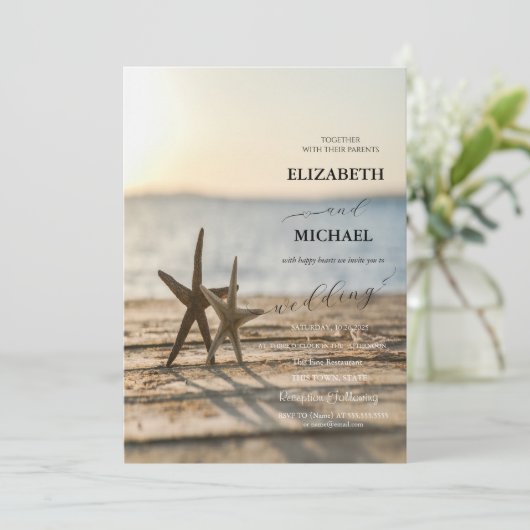 Zee sterren Sand Beach Script Wedding Kaart (Staand voorkant)