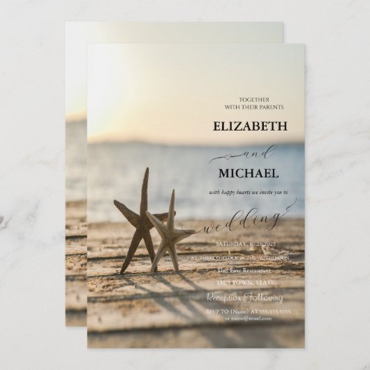 Zee sterren Sand Beach Script Wedding Kaart (Voorkant / Achterkant)