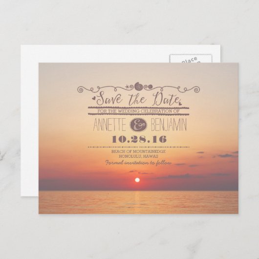 zee Sunset Romantisch Strand Save the Date briefka Aankondigingskaart (Voorkant / Achterkant)
