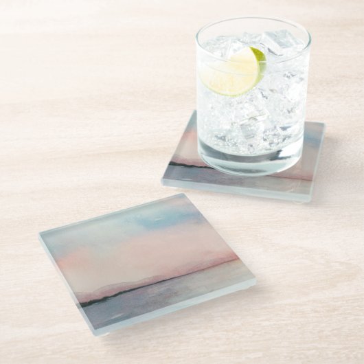 Zee Sunset Triptych - Pastel Waterverven Glazen Onderzetter (Schuin)