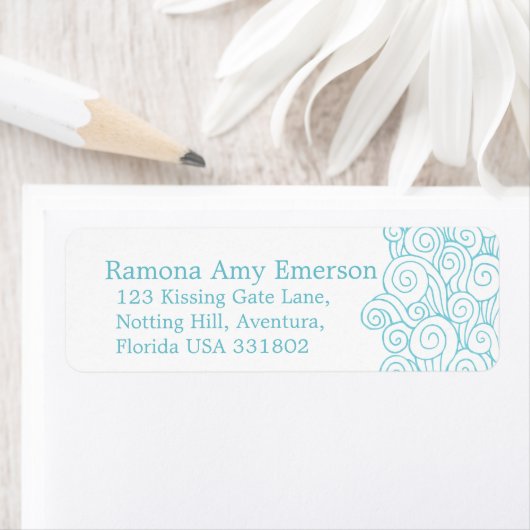 Zee swirl wit slim bruiloft retour antwoord label (Insitu)