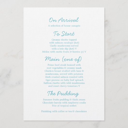 Zee swirls ster blauw & wit bruiloft diner menu (Achterkant)