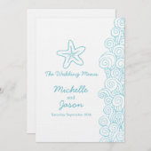 Zee swirls ster blauw & wit bruiloft diner menu (Voorkant / Achterkant)