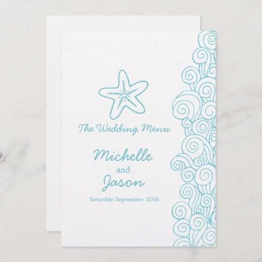 Zee swirls ster blauw & wit bruiloft diner menu (Voorkant / Achterkant)