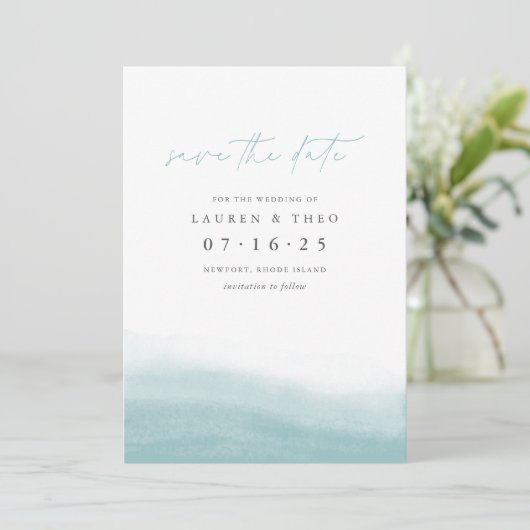 Zee Tides Elegant Simple Coastal Waterverf Save The Date (Staand voorkant)