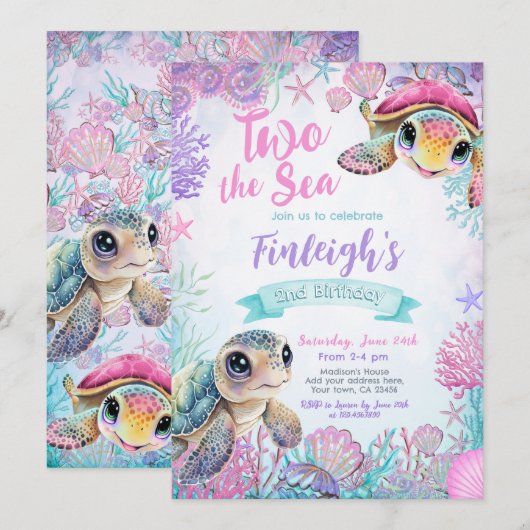 Zee Turtle 2e Verjaardagsuitnodiging Kaart (Voorkant / Achterkant)