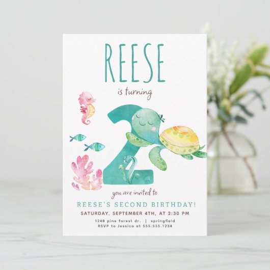 Zee Turtle 2e Verjaardagsuitnodiging Kaart (Staand voorkant)