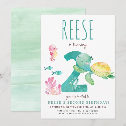 Zee Turtle 2e Verjaardagsuitnodiging Kaart (Voorkant / Achterkant)