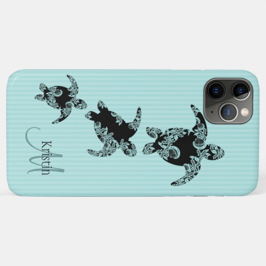 Zee Turtle Aqua Stripe met Monogram Case-Mate iPhone Case (Achterkant (horizontaal))