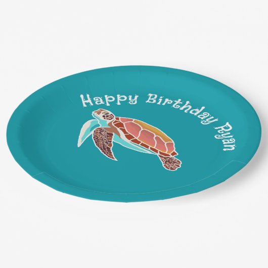 Zee Turtle Art Blauwgroen blauw Papieren Bordje (Gekanteld)