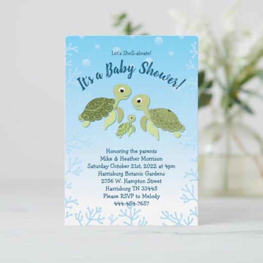 Zee Turtle Baby shower Co-Ed Gender Neutral Kaart (Staand voorkant)