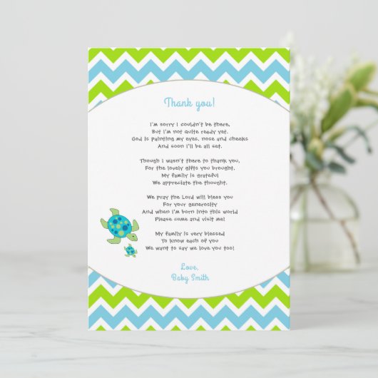Zee Turtle baby shower dank u, noot + gedicht Bedankkaart (Staand voorkant)