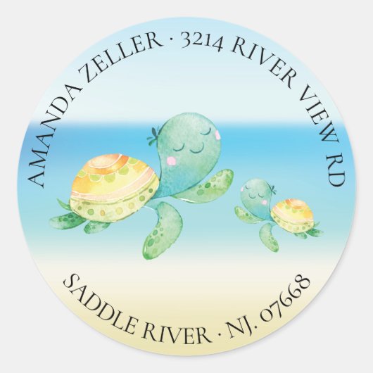 Zee Turtle Baby shower Retouradreslabel Ronde Sticker (Voorkant)