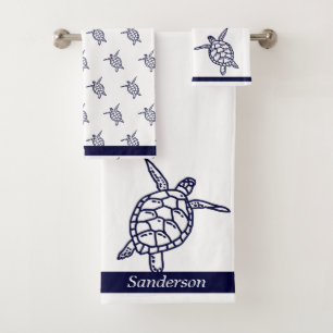 Zee Turtle Bathroom Navy Blue en White Bath Towel Bad Handdoek