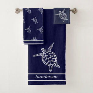 Zee Turtle Bathroom Navy Blue en White Bath Towel Bad Handdoek
