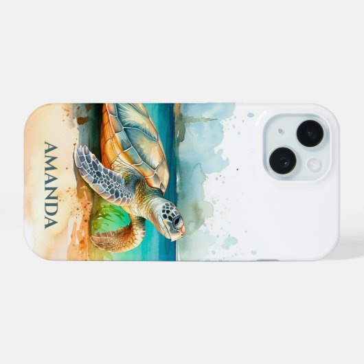 Zee Turtle Beach waterverf iPhone 15 Case (Achterkant horizontaal)