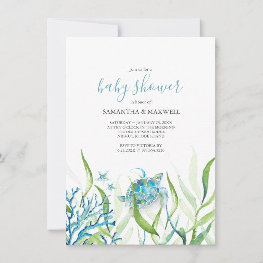 Zee Turtle Blue en Green Baby shower Invitation Kaart (Voorkant)