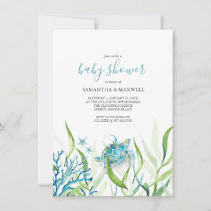 Zee Turtle Blue en Green Baby shower Invitation Kaart