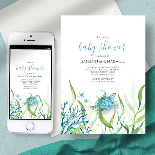 Zee Turtle Blue en Green Baby shower Invitation Kaart