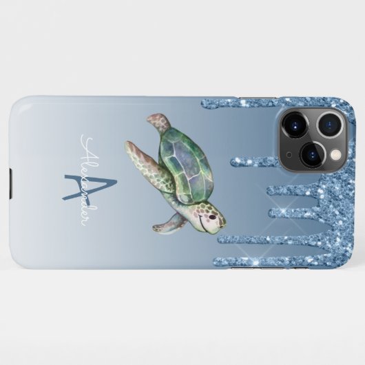 Zee Turtle Blue Glitter Personalized Budget Genoem iPhone Hoesje (Achterkant horizontaal)