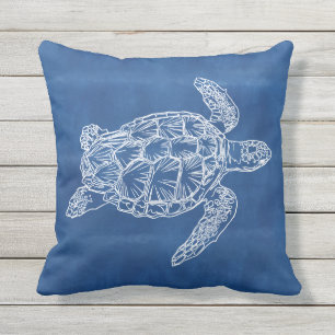 Zee Turtle Blue Wit Outdoor Kussen