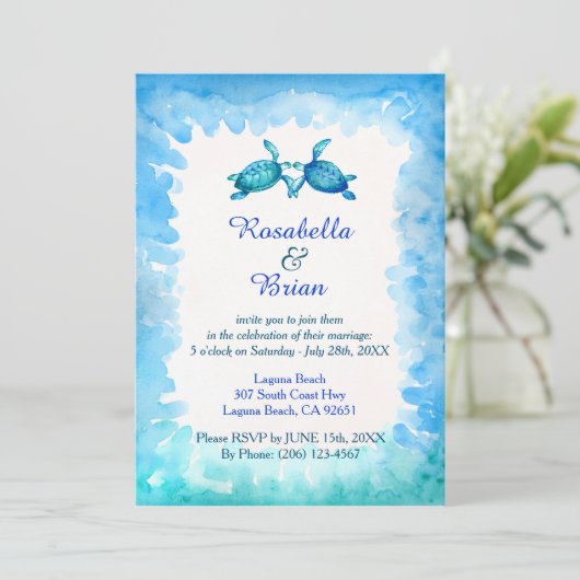 Zee Turtle bruiloft uitnodigingen - Blauw en Groen (Staand voorkant)