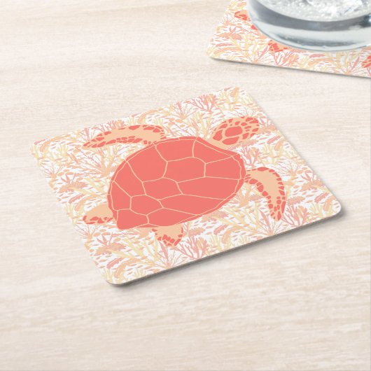 Zee Turtle Coral Pink en White Kartonnen Onderzetters (Schuin)