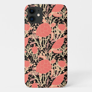 Zee Turtle Coral Reef op zwart patroon Case-Mate iPhone Case