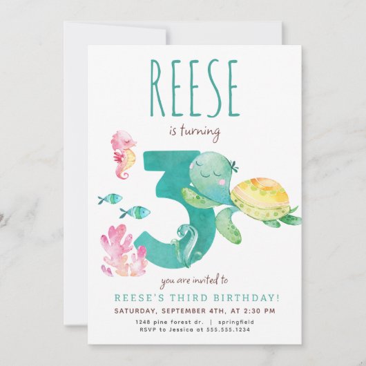 Zee Turtle Derde Verjaardagsuitnodiging Kaart (Voorkant)