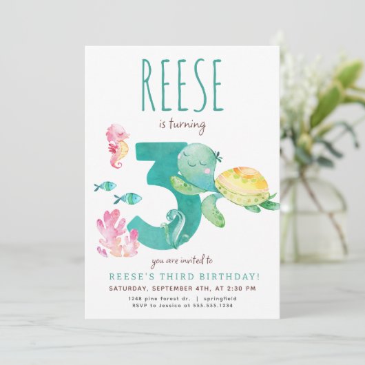 Zee Turtle Derde Verjaardagsuitnodiging Kaart (Staand voorkant)