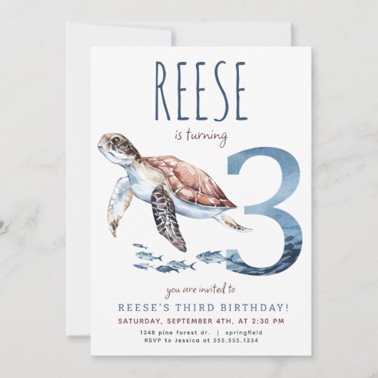 Zee Turtle Derde Verjaardagsuitnodiging Kaart (Voorkant)
