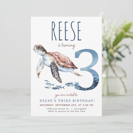 Zee Turtle Derde Verjaardagsuitnodiging Kaart (Staand voorkant)
