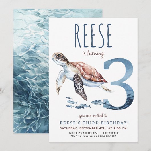 Zee Turtle Derde Verjaardagsuitnodiging Kaart (Voorkant / Achterkant)