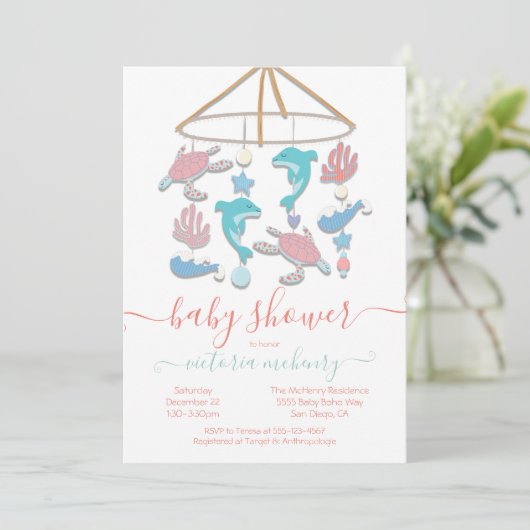 Zee Turtle Dolphin Mobile Baby shower Invitation Kaart (Staand voorkant)