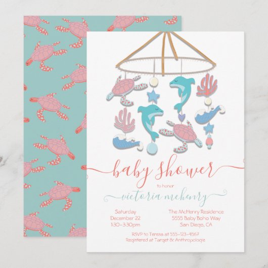 Zee Turtle Dolphin Mobile Baby shower Invitation Kaart (Voorkant / Achterkant)