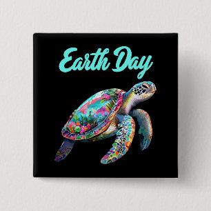 Zee Turtle Earth Day Red de aarde Vierkante Button 5,1 Cm